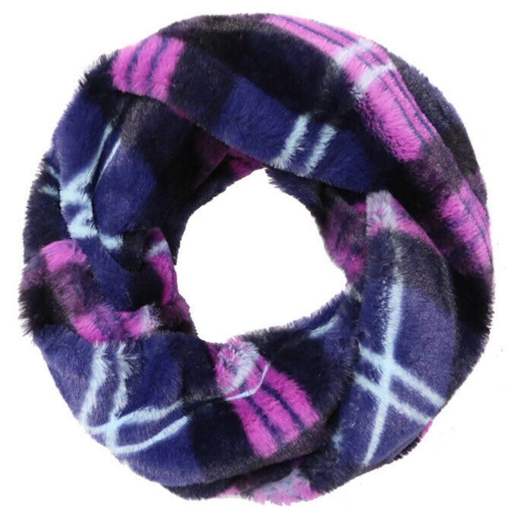 Faux Fur Plaid Pattern Hooded Circle Scarf Blue and Purple